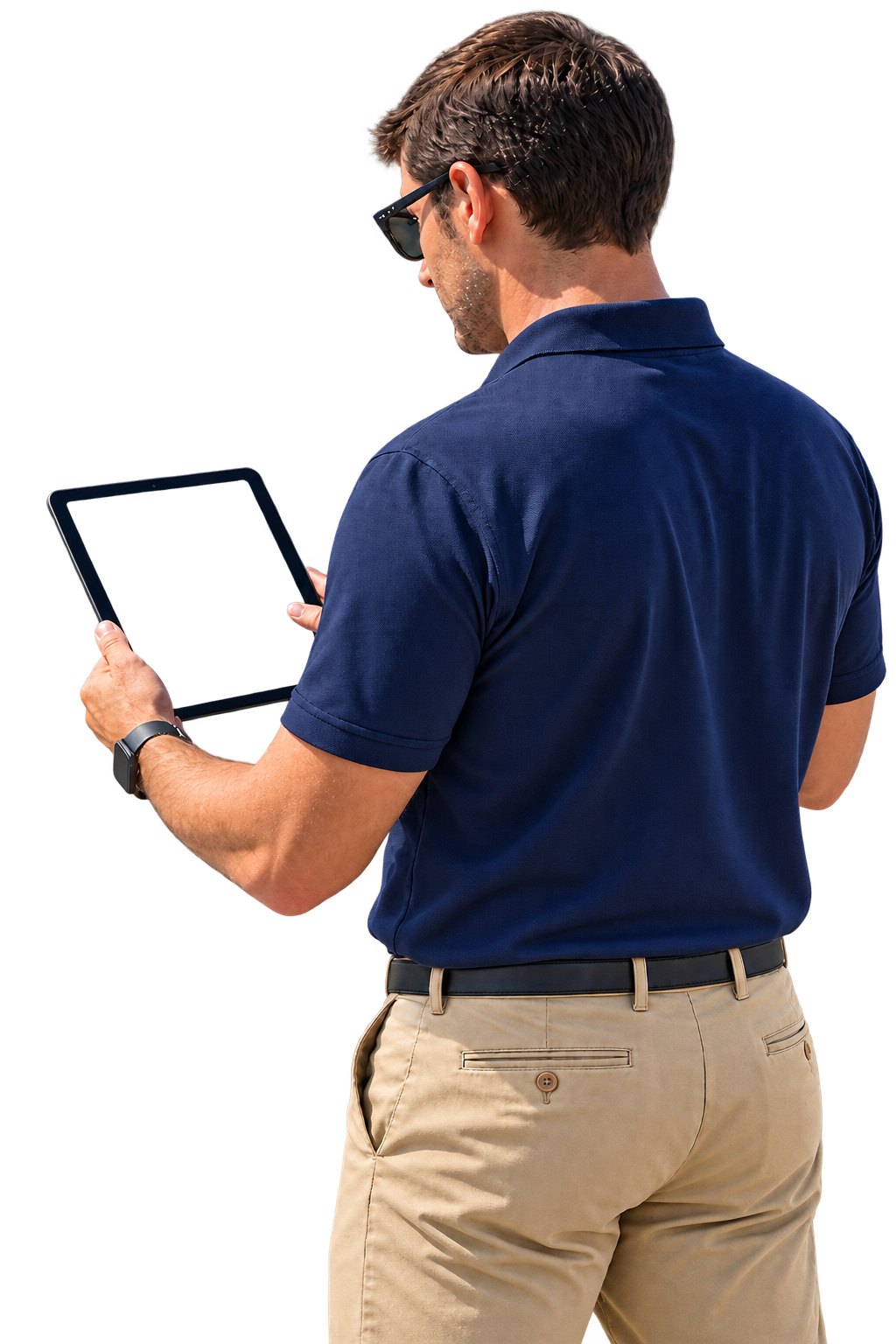 A reserve specialist recording component condition on a tablet at the pool deck