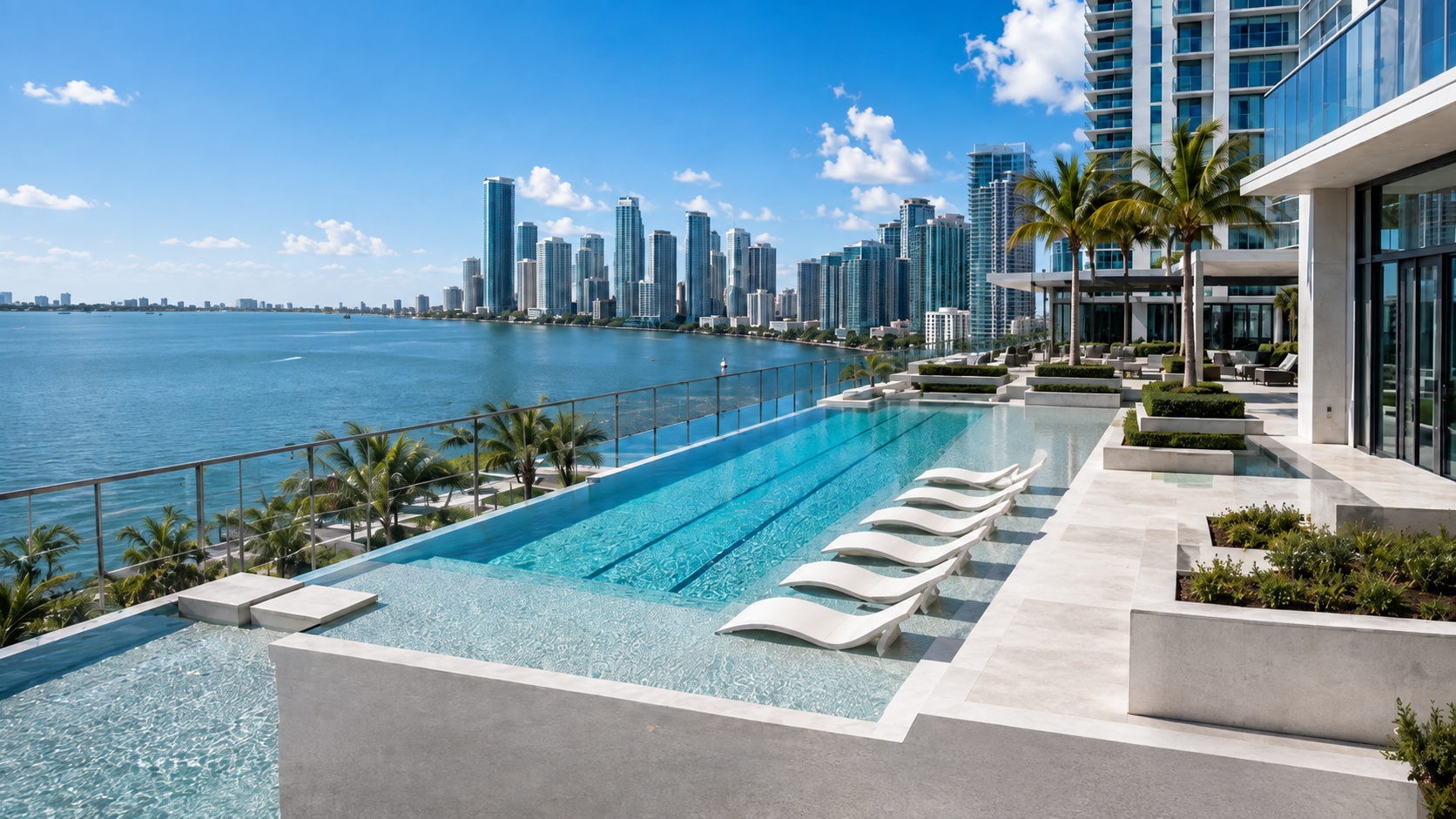 Waterfront condominium pool deck with the Brickell skyline beyond